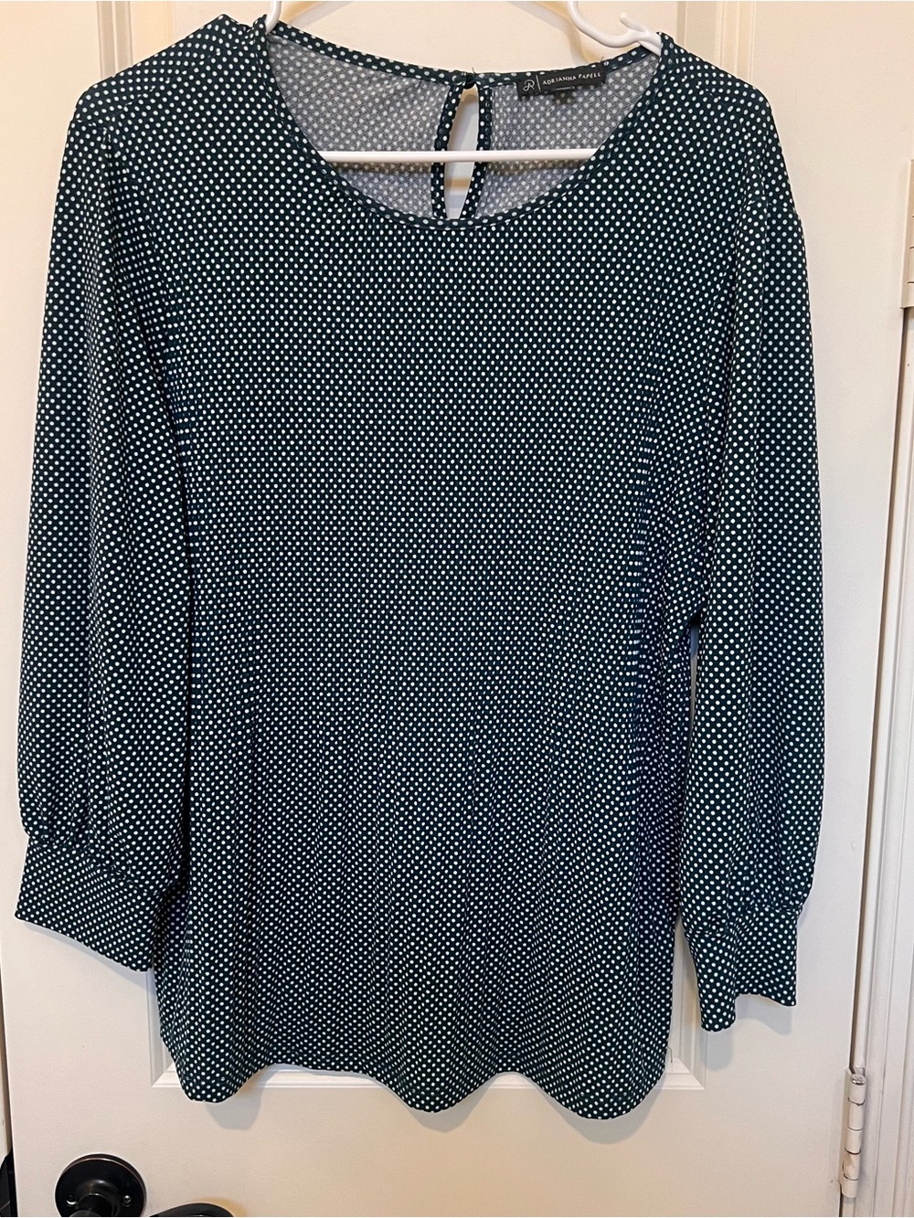 Adrianna Papell Dark Green and White Polka Dot Blouse with Keyhole Back